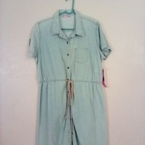 Pink Apple_ Blue Button Down Denim dress Ft/Drawstring